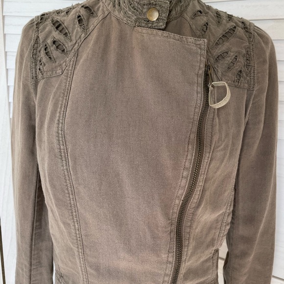 Free People Sz 4 Linen Cotton Eyelet Moto Jacket Olive Green Zip - Picture 6 of 13